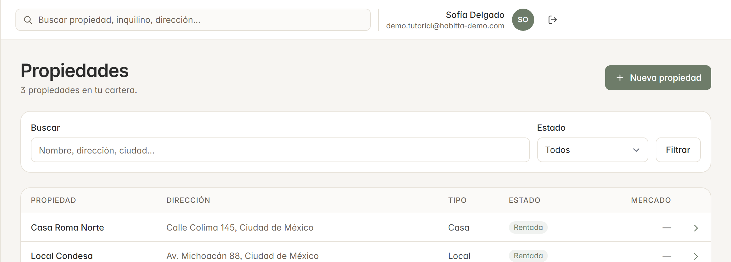 Listado de propiedades en Habitta, con dirección, tipo y estado de cada una